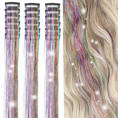 Picture of ZYXQZYX Hair Tinsel Kit Pack of 18 Pcs Hair Tinsel Clip in 19.6Inch Glitter Tinsel Hair Extensions Heat Resistant Clip in Hair Tinsel Sparkle Fairy Hair Accessories for Kids Girls Women (Colorful)