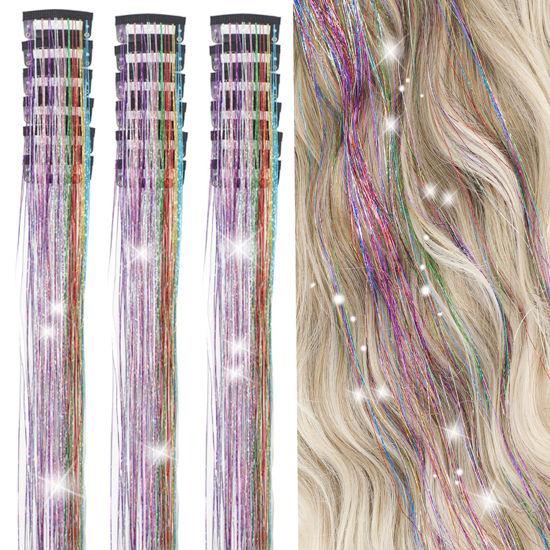Picture of ZYXQZYX Hair Tinsel Kit Pack of 18 Pcs Hair Tinsel Clip in 19.6Inch Glitter Tinsel Hair Extensions Heat Resistant Clip in Hair Tinsel Sparkle Fairy Hair Accessories for Kids Girls Women (Colorful)