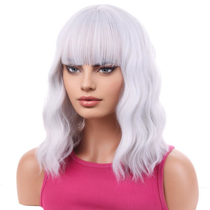 Picture of BERON 14 Inches Silver Wig Short Curly Wig Women Girl's Synthetic Wig Silver White Wig with Bangs Wig Cap Included