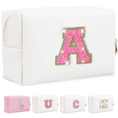 Picture of Personalized Initial Letter Makeup Bag, Preppy Glitter Letter Patch Cosmetic Pouch Zipper,PU Waterproof Travel Toiletry Bag Cute Makeup Organizer Monogrammed Make Up Bag,Gift for Women Girls(Letter A)