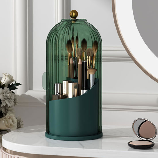 Picture of YOOLENS Makeup Brush Holder with Lid 360 Rotating Clear Dustproof Make Up Organizers for Vanity Bathroom Countertop, Green