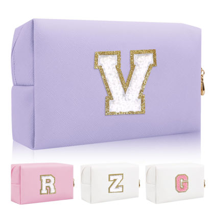 Picture of Personalized Initial Letter Patch Makeup Bag, Preppy Small Chenille Letter Cosmetic Bag with Zipper, PU Leather Waterproof Travel Toiletry Bag Monogram Make Up Pouch for Women Girls(Letter V)