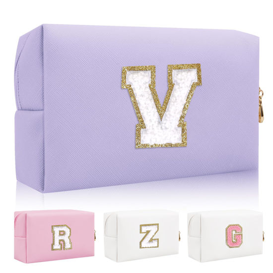 Picture of Personalized Initial Letter Patch Makeup Bag, Preppy Small Chenille Letter Cosmetic Bag with Zipper, PU Leather Waterproof Travel Toiletry Bag Monogram Make Up Pouch for Women Girls(Letter V)