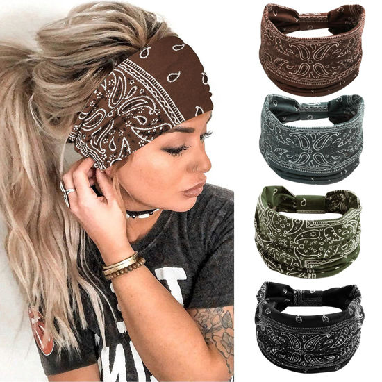 Picture of Huachi 4 Packs Thick Boho Stylish Floral Turban Wide Headbands for Women - Non Slip Hairbands for Hair, Sport, Workout, Yoga, Hair Accessories (Pack of 4)