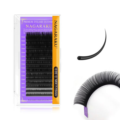 Picture of NAGARAKU Eyelash Extensions 0.05mm C curl 7-15mm Mix Tray Individual Lashes Classic Matte Black Faux Mink 16 Rows Professional Beauty Salon Supplies