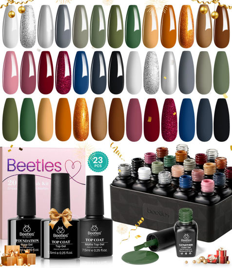 Picture of Beetles Winter Gel Nail Polish Set：23 Pcs Burgundy Brown Gold Nude Pink Black White Glitter Gel Polish Kit with Base Matte Glossy Top Coat Soak off UV Gel Nail Polish for Women