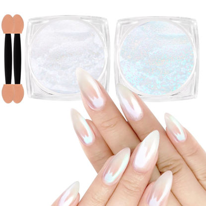 Picture of Allstarry White Pearl Chrome Nail Powder, 2 Colors Aurora Powder Metallic Mirror Effect Glitter Powder Pearlescent Ice Transparent Mermaid Pigment Dust for Gel Polish Nail Art- White Pearl Peacock
