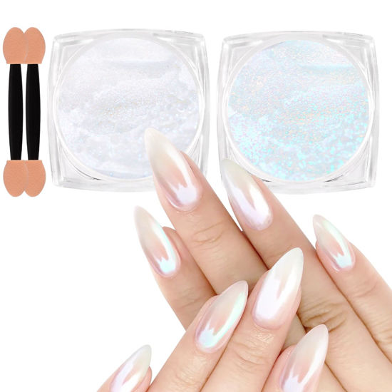 Picture of Allstarry White Pearl Chrome Nail Powder, 2 Colors Aurora Powder Metallic Mirror Effect Glitter Powder Pearlescent Ice Transparent Mermaid Pigment Dust for Gel Polish Nail Art- White Pearl Peacock