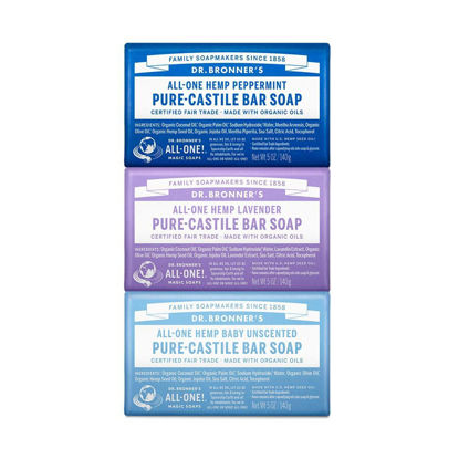 Picture of Dr. Bronner's Pure-Castile Bar Soap- Made with Regenerative Organic Oils- For Face, Body, Hair & More- Vegan, All Natural Soap Bar for Men & Women- Variety 3-Pack, Peppermint Lavender, Unscented