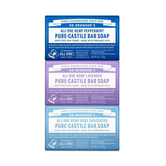 Picture of Dr. Bronner's Pure-Castile Bar Soap- Made with Regenerative Organic Oils- For Face, Body, Hair & More- Vegan, All Natural Soap Bar for Men & Women- Variety 3-Pack, Peppermint Lavender, Unscented
