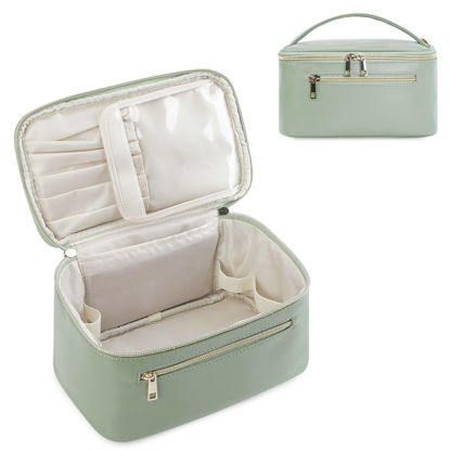 Picture of Wandering Nature Makeup Bag, Travel Make Up Organizer Cosmetic Brush Bags Case for Women in Vegan Leather, Sage Green, Patent Pending