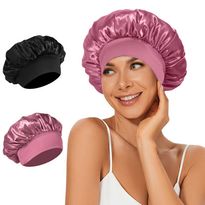 Picture of LEADUWAY 2Pcs Satin Bonnets Silk Bonnet for Sleeping Hair Bonnet for Curly Hair(Black&Rose Pink