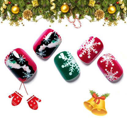 Picture of Christmas Press on Nails GLAMERMAID Red Short Fake Nails with Christmas Design, Snowflake, Green Stick Glue on Nails Set for Women Girlfriend Christmas Gift, Reusable Gel Nails for Festive Holiday Party New Year,24Pcs