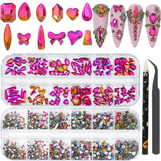 Picture of HNUIX Nail Rhinestones - 2920pcs 3D Multi Shape Size, Crystal Colorful Red Nail Gems, Flat Back, with Kit, for Nail Art, DIY Decorations