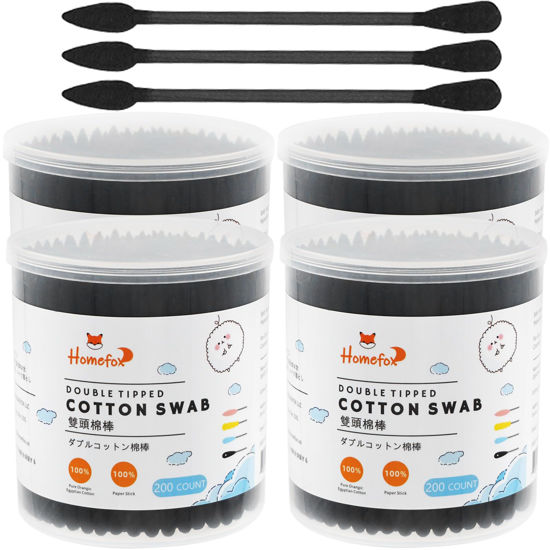 Picture of HOMEFOX Black Cotton Swabs Precision Pointed - 800 Count Organic Pointy Cotton Bud Double Side Tightly Wrapped Charcoal Cotton Tip Paper Stick Soft Gentle Lint-Free Cruelty-Free Pointy & Round (Black)