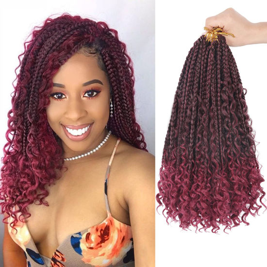 Picture of Goddess Box Braids Crochet Hair With Curly Ends 14 Inch Bohomian Box Braids Crochet Braids 8 Packs 3X Crochet Braids Synthetic Braiding Hair Extension for Black Women (14 Inch (Pack of 8), T1B BUG)