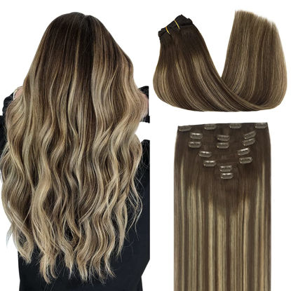 Picture of DOORES Clip in Hair Extensions Real Human Hair, Balayage Chocolate Brown to Honey Blonde 24 Inch 7pcs 120g, Human Hair Extensions Clip ins Remy Natural Hair Extensions Thick Straight Hair