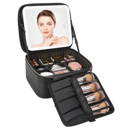 Picture of Relavel Travel Makeup Bag With LED Mirror, Cosmetic Train Case with Light up Mirror, Portable Makeup Artist Organizer Bag with Adjustable Dividers, Makeup Brush Holder Storage, Black