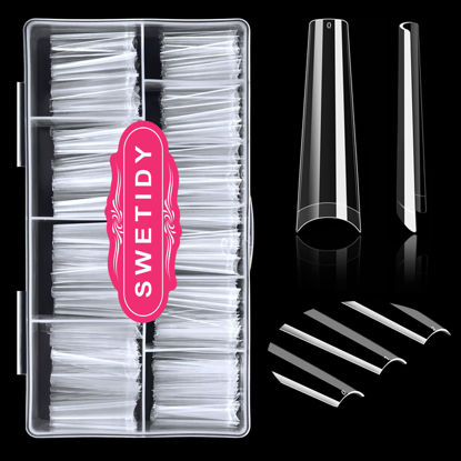 Picture of 500Pcs XXL No C Curve Coffin Nail Tips for Acrylic Nails Professional Set, Clear Nail Tips Half Cover Long Fake Nails, Ballerina Shaped French Nails for Nail Salon and DIY Nail Art 10 Sizes