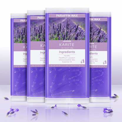 Picture of KARITE Lavender Scented Paraffin Wax Beads Blocks - 4 Pack for Bath, Hand, Feet Dry Skin Moisturizing, Hydration, and Nourishment