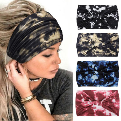 Picture of Huachi Tie Dye Headbands for Women Wide Head Wraps Boho Thick Hairbands Large African Sport Yoga Turban Headband Hair Accessories (Pack of 4)