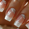 Picture of RUOKEXIN Press on Nails White French Tip Fake Nails Square Medium Length False Nails with Silver Glitter Designs Ombre Glossy Artificial Nails Acrylic Glue on Nails Natural Stick on Nails for Women