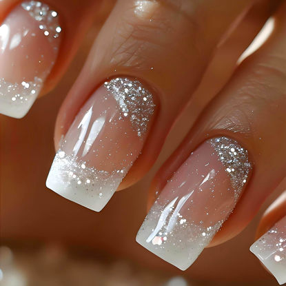 Picture of RUOKEXIN Press on Nails White French Tip Fake Nails Square Medium Length False Nails with Silver Glitter Designs Ombre Glossy Artificial Nails Acrylic Glue on Nails Natural Stick on Nails for Women