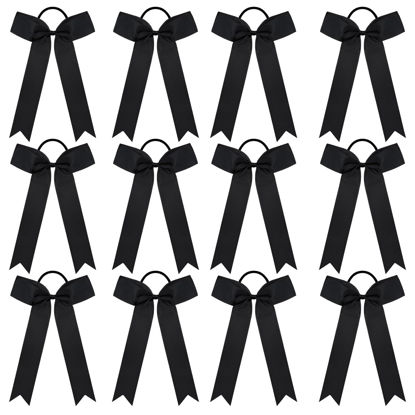 Picture of DEEKA 12 PCS Collegiate Style Long-Tailed Skinny Ponytail Holders - Handmade Bows for Girls, Teens, Softball, Cheerleading - Black