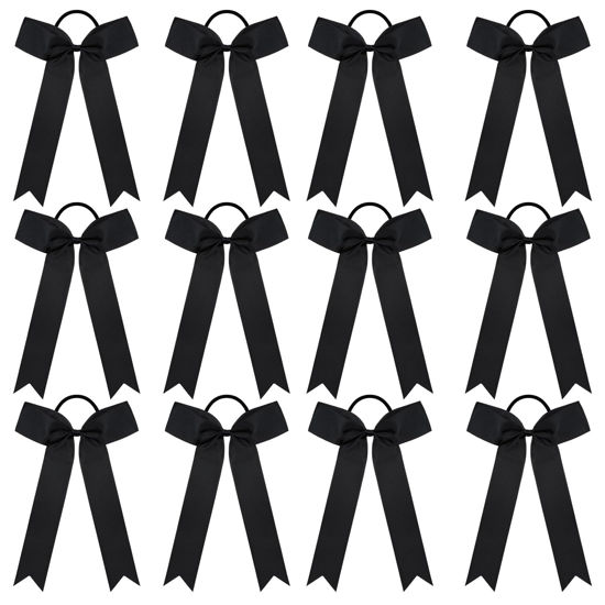 Picture of DEEKA 12 PCS Collegiate Style Long-Tailed Skinny Ponytail Holders - Handmade Bows for Girls, Teens, Softball, Cheerleading - Black