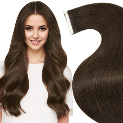 Picture of LaaVoo Tape in Hair Extensions Brown Human Hair Extensions Tape in #4 Dark Brown Hair Extensions Tape in Real Human Hair 10 Inch Short Hair Extensions Tape ins 20pcs/30g