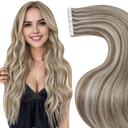 Picture of LaaVoo Tape in Extensions Human Hair Remy Tape in Hair Extensions Human Hair Light Brown Highlights with Platinum Blonde Hair Extensions Tape in Seamless Silky Straight 14 Inch 20pcs 50g