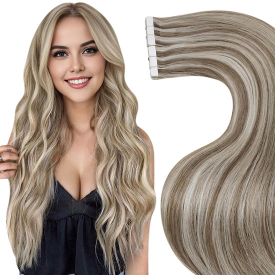 Picture of LaaVoo Tape in Extensions Human Hair Remy Tape in Hair Extensions Human Hair Light Brown Highlights with Platinum Blonde Hair Extensions Tape in Seamless Silky Straight 14 Inch 20pcs 50g