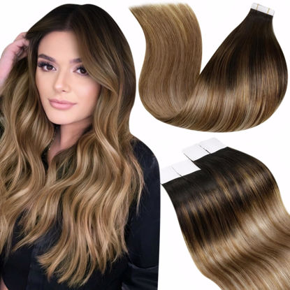 Picture of LaaVoo Ombre Tape in Hair Extensions Human Hair Balayage Tape in Extensions Dark Brown to Medium Brown Mix Golden Brown Hair Extensions Tape in Human Hair Skin Weft 16 Inch 20pcs 50 Grams