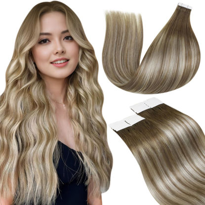 Picture of LaaVoo Tape in Hair Extensions Human Hair Balayage Tape in Extensions Human Hair Brown with Blonde Ombre Hair Extensions Tape in Real Human Hair 20pcs/50grams 18 Inch