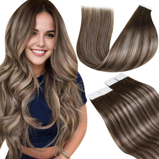 Picture of LaaVoo Tape in Hair Extensions Human Hair Balayage Tape Extensions Human Hair Dark Brown Fading to Ash Blonde Seamless Hair Extensions Real Human Hair Tape in Silky Straight 14 Inch 20pcs 50g