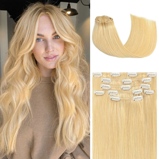 Picture of Honsoo Clip in Hair Extensions Real Human Hair, Real Human Hair Balayage Hair Extensions Bleach Blonde 20inch 70g 7pcs Straight Silky Blonde Hair Extensions For Women Natural Hair