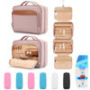 Picture of Travel Hanging Toiletry Bag for Women, Large Makeup Bag 8 Leak Proofing Silicone Bottle Covers, Waterproof Cosmetic Bag with Jewelry Organizer Compartment, Toiletries Kit Set, Pink
