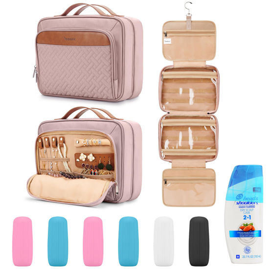 Picture of Travel Hanging Toiletry Bag for Women, Large Makeup Bag 8 Leak Proofing Silicone Bottle Covers, Waterproof Cosmetic Bag with Jewelry Organizer Compartment, Toiletries Kit Set, Pink