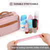 Picture of Travel Hanging Toiletry Bag for Women, Large Makeup Bag 8 Leak Proofing Silicone Bottle Covers, Waterproof Cosmetic Bag with Jewelry Organizer Compartment, Toiletries Kit Set, Pink