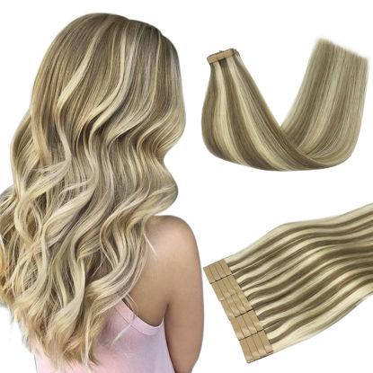 Picture of DOORES Tape in Hair Extensions Human Hair, Light Brown Highlighted Medium Blonde 16 Inch 50g 20pcs, Human Hair Extensions Remy Natural Hair Straight Double Side Tape