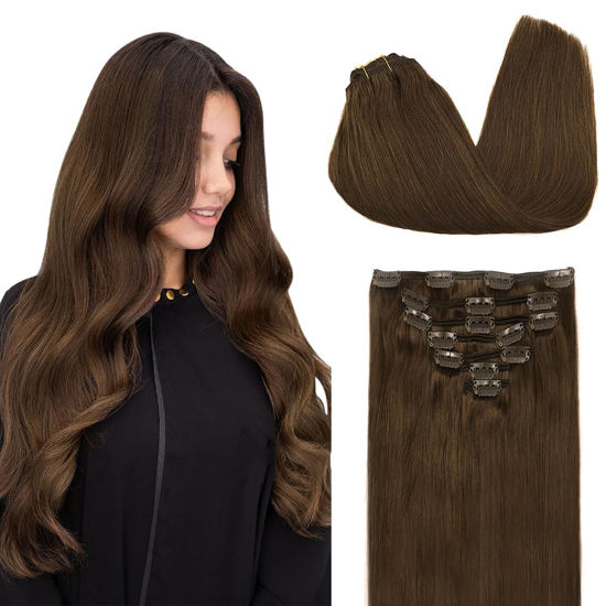 Picture of DOORES Human Hair Clip in Extensions, Chocolate Brown 12 Inch 80g 7pcs, Clip in Hair Extensions Real Human Hair Extensions Human Hair Natural Remy Hair Extensions Clip in Human Hair Silky Straight
