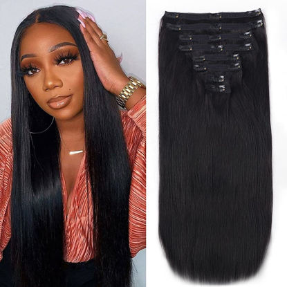 Picture of Pobokix Clip in Hair Extensions Real Human Hair Straight Brazilian Human Hair Clip in Extensions 8Pcs Seamless Clip ins for Black Women Lace Weft 18Clips 120g (18inch, Natural Black)