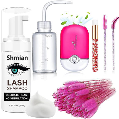 Picture of Shmian Lash Shampoo for Lash Extensions, Lash Fan 50ml Eyelash Foam cleanser with 50 Pcs Eyelash Brush and Rinse Bottle Oil Free/Sulfate Free Eyelash Wash Remover For Eyelash Extension Makeup, Rose