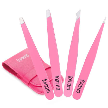 Picture of Tomata Tweezers for Eyebrows, Slant Tip and Pointed Eyebrow Tweezer Set Great Precision for Eyebrows Facial Hair, Ingrown Hair, Splinter, Blackhead and Tick Remover (4-piece) (pink)