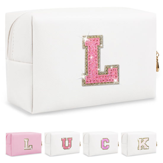 Picture of Initial Letter Patch Makeup Bag, Small Preppy A-Z Glitter Letter Cosmetic Bag, PU Leather Waterproof Travel Toiletry Bag,Cute Make Up Pouch Personalized Monogrammed Gift for Women Teen Girls(Letter L)