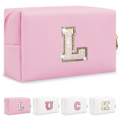 Picture of Initial Letter Patch Makeup Bag, Small Preppy A-Z Glitter Letter Cosmetic Bag, PU Leather Waterproof Travel Toiletry Bag,Cute Make Up Pouch Personalized Monogrammed Gift for Women Teen Girls(Letter L)