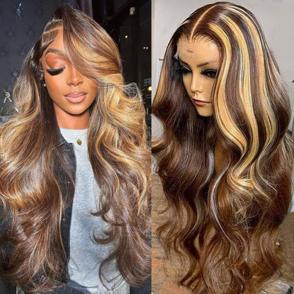 Picture of Honey Blonde Lace Front Wig Human Hair 13x4 HD Transparent Glueless Body Wave Lace Front Wigs Human Hair hair Pre Plucked with Baby Hair 180% Density Honey Blonde Lace Frontal Wig Human Hair 28 Inch