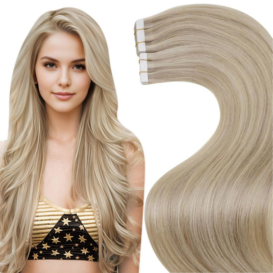 Picture of LaaVoo Tape in Extensions Human Hair 20 Inch Blonde Hair Extensions Tape in Dark Ash Blonde Highlighted with Light Blonde Invisible Tape in Hair Extensions Human Hair Skin Weft 20pcs 50g