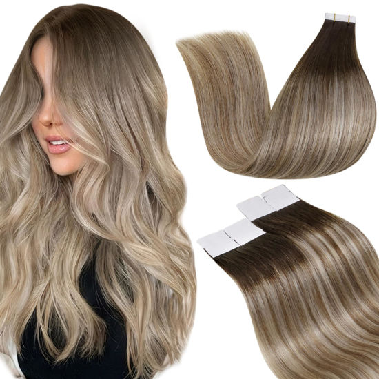 Picture of LaaVoo Tape in Hair Extensions Human Hair Seamless Tape in Human Hair Extensions Ombre Balayage Dark Brown to Blonde Hair Extensions Tape in Real Human Hair Silky Straight 22 Inch 20pcs 50g