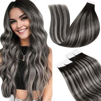 Picture of LaaVoo Ombre Hair Extensions Tape in Real Human Hair Tape in Extensions Ombre Balayage Natural Black to Silver Grey Seamless Tape in Hair Extensions Human Hair Skin Weft 20 Inch 20pcs/50g
